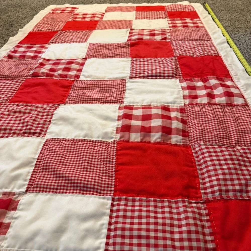 Handmade Patchwork Quilt Red White Gingham Checkered Throw Blanket 39x64